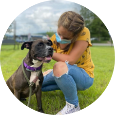 A woman with a brown and white dog.